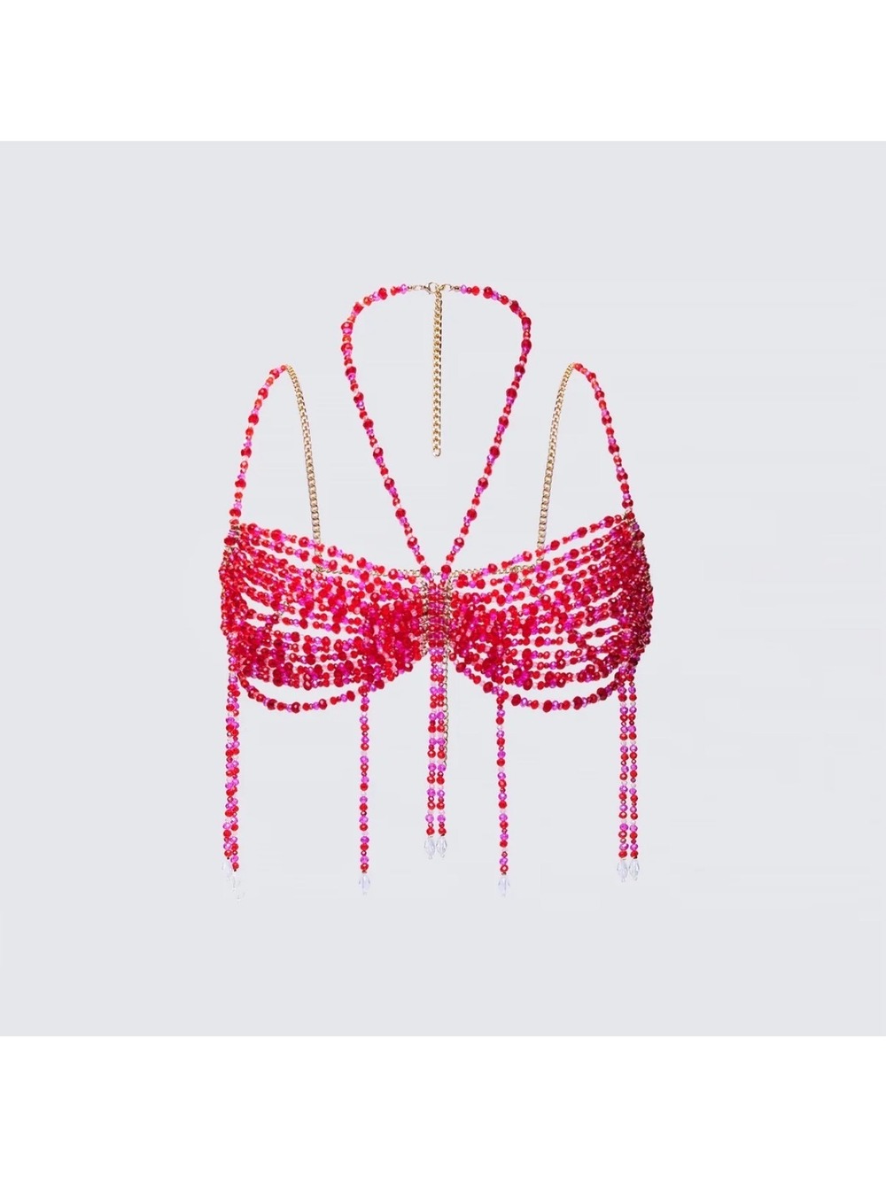 Y2K Red Beaded Crystal Bra Top with Gold Chain Straps and Fringe Detail